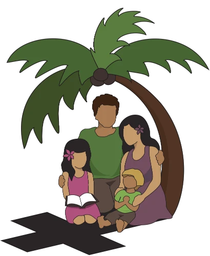 Family sitting under a palm tree reading a bible with a cross shaped shadow from the tree